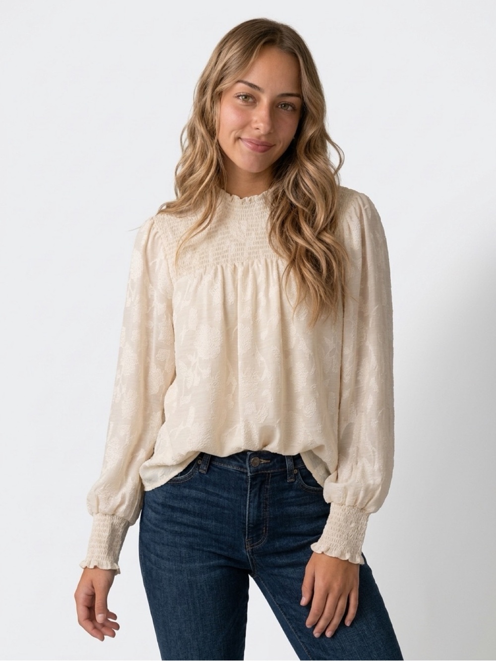 Knox Rose Cream Smocked Yoke Long-Sleeve Blouse